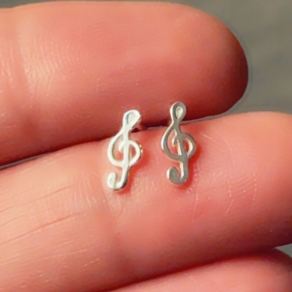 Sterling Silver Treble Clef Tiny Stud Earrings